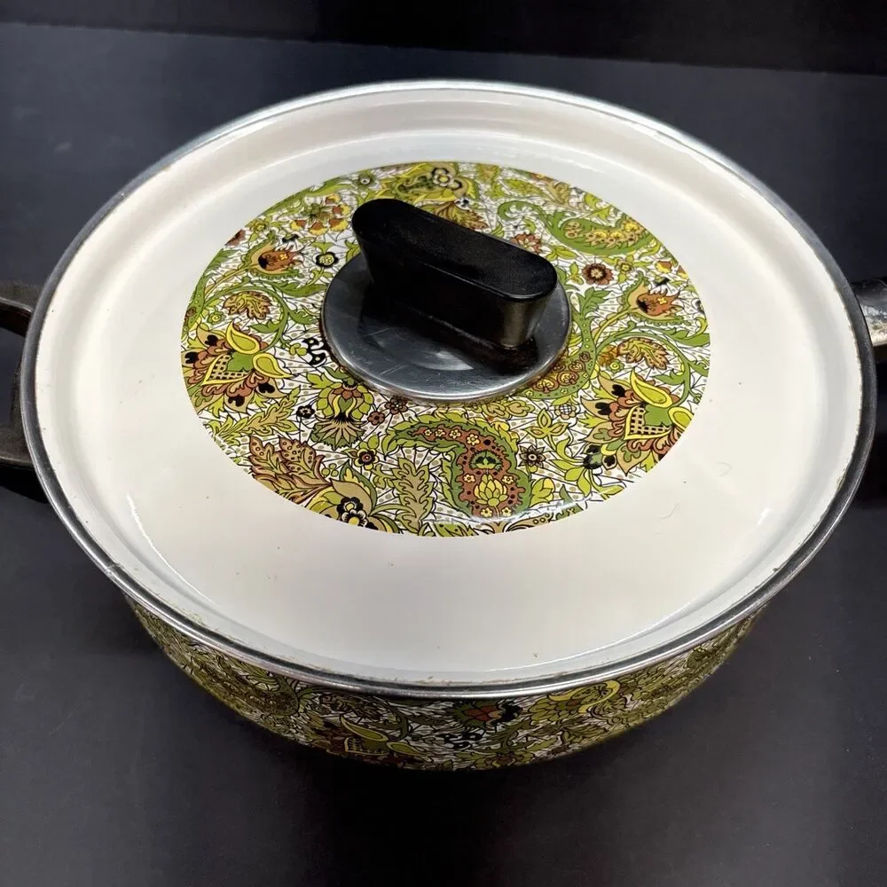 Vtg 1970s Fancipans Avocado Green Paisley Fry Pan w Lid